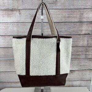 Lands End Sherpa Tote Bag Faux Leather Accents Cream Brown